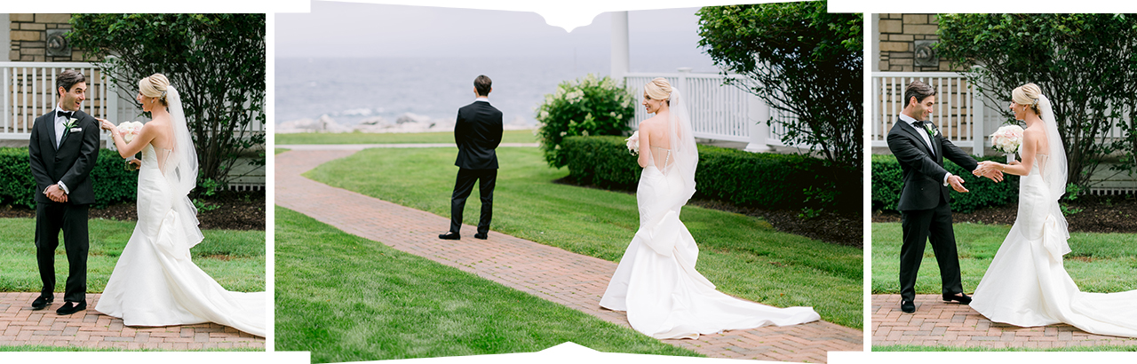 Three photos of a first look as a bride approaches and then the groom sees her