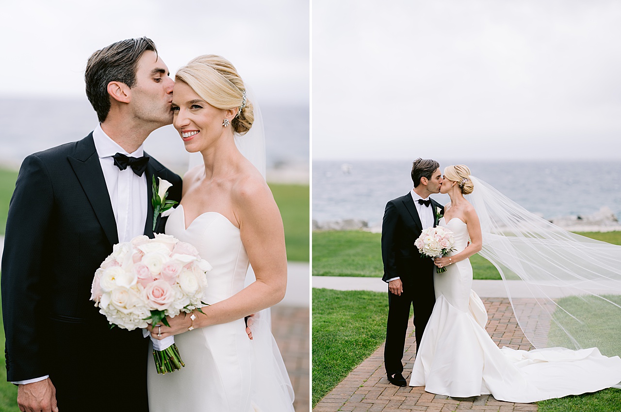 A groom kisses the bride on the head and the couple kiss next to windy Lake Michigan