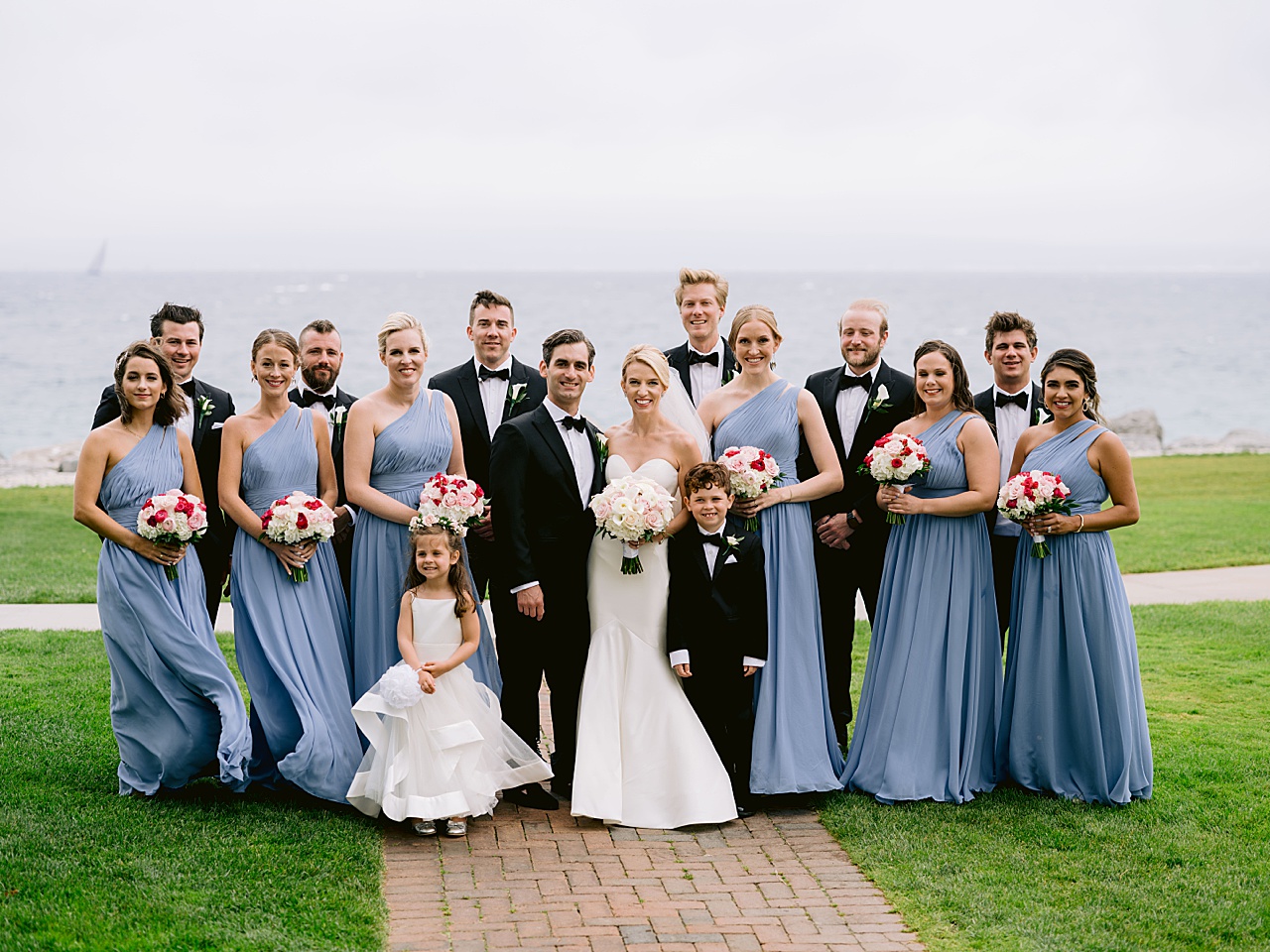 A shot of the wedding party in black, white, and blue in Michigan