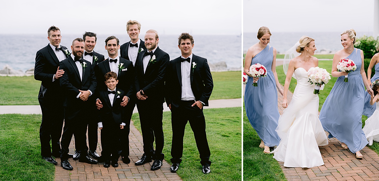 A bride walking and laughing with bridesmaids and a portrait of a groom and groomsmen