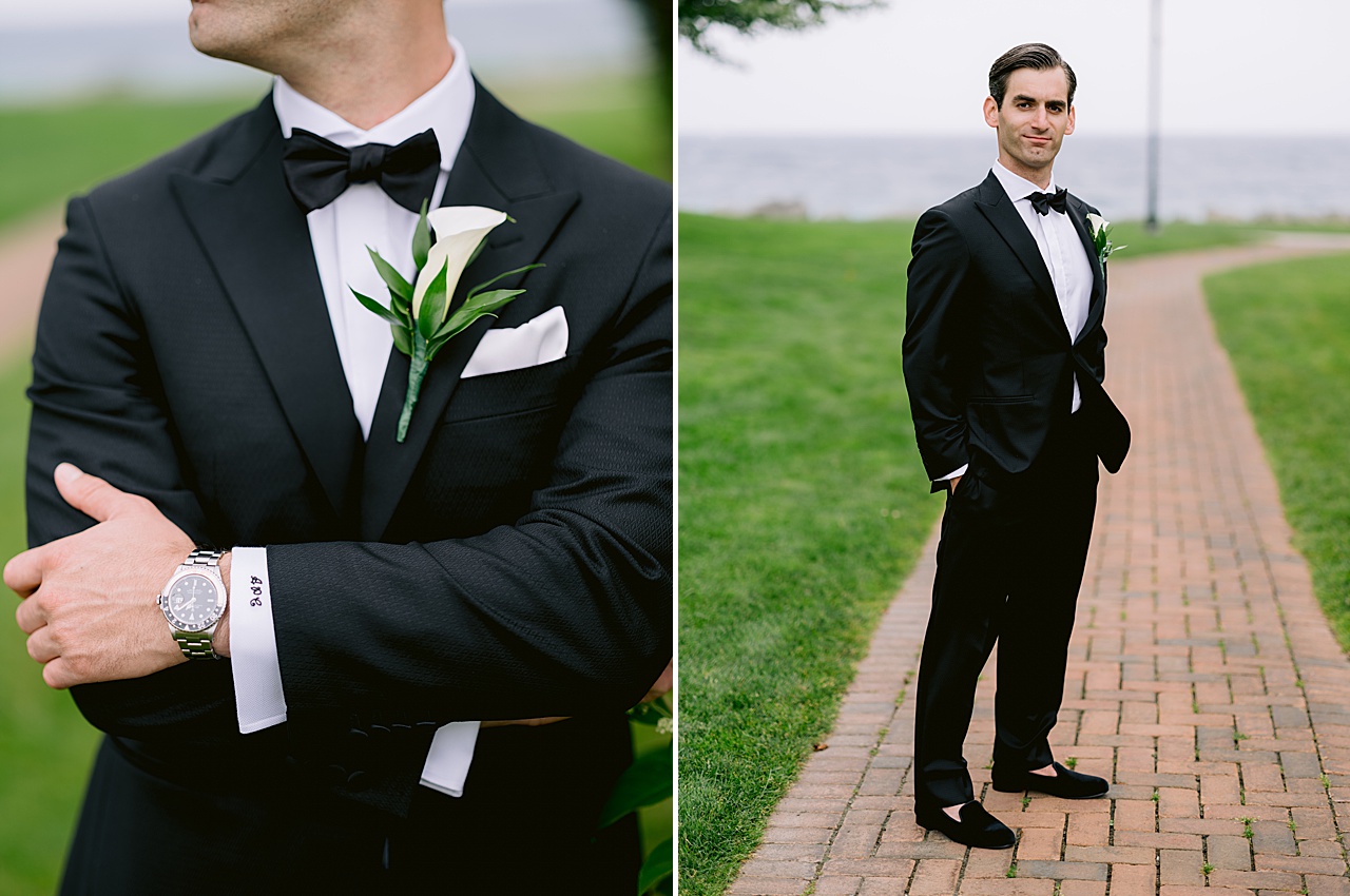 A portrait of a groom standing on a brick path and a close up of groom details
