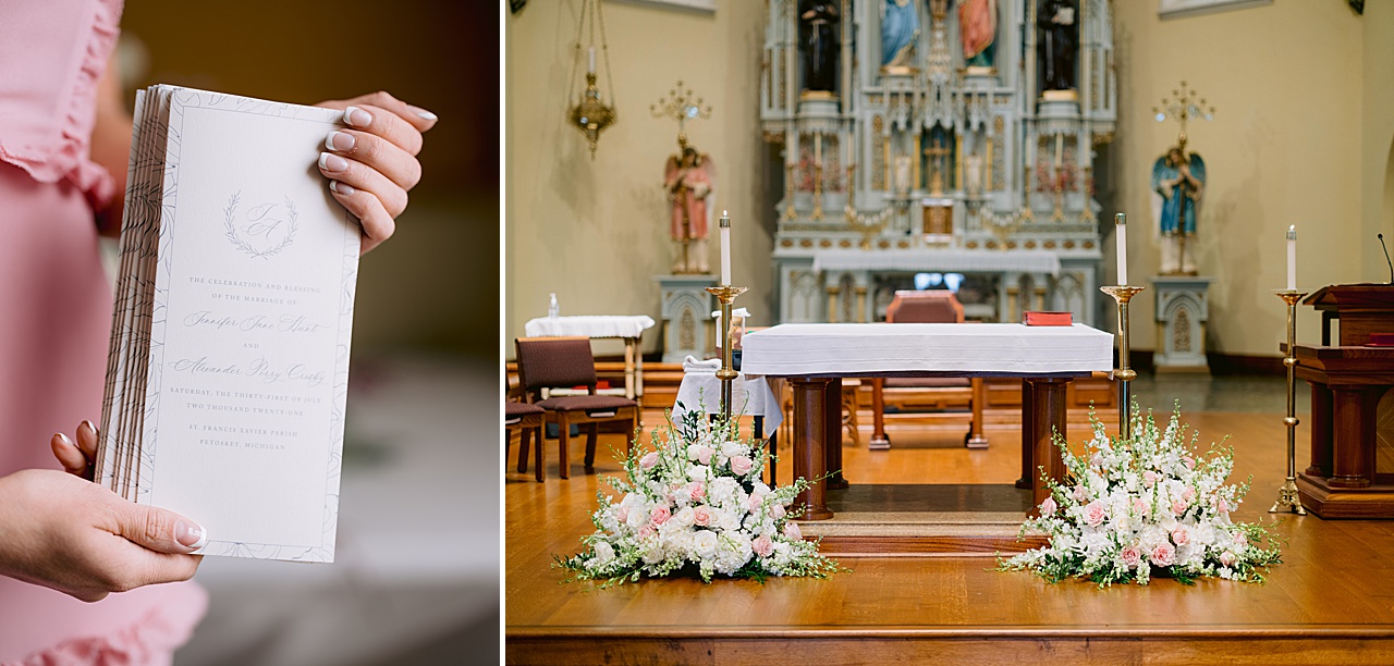 A shot of wedding programs and a photo of white and pink floral ground pieces in a church