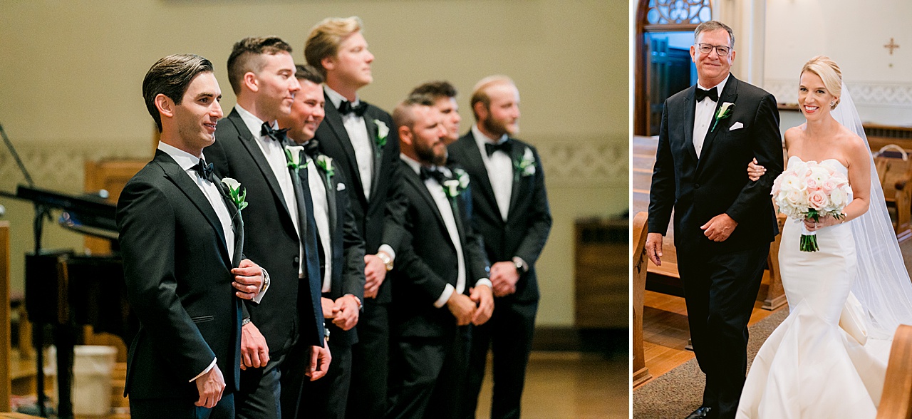 A groom and his groomsmen in a line while a bride is escorted down the aisle