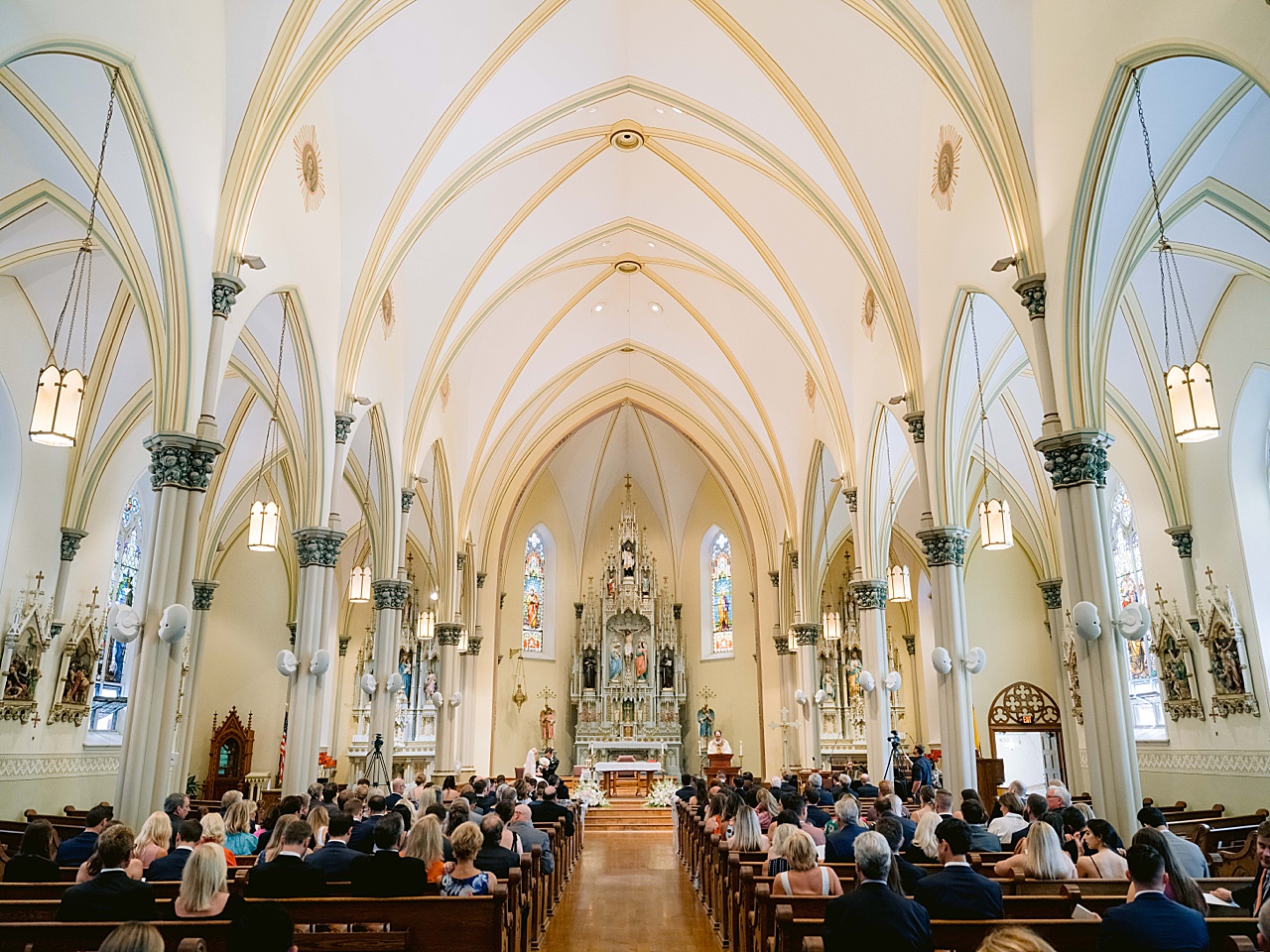 A wide shot of a cathedral’s vaulted ceiling in Petoskey, Michigan