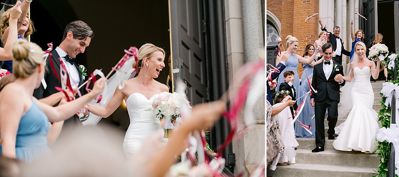 A bride and groom make a grand exit while wedding guests wave ribbons