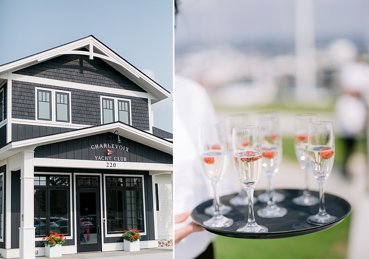 A photo of the Charlevoix Yacht Club and glasses of champagne being served