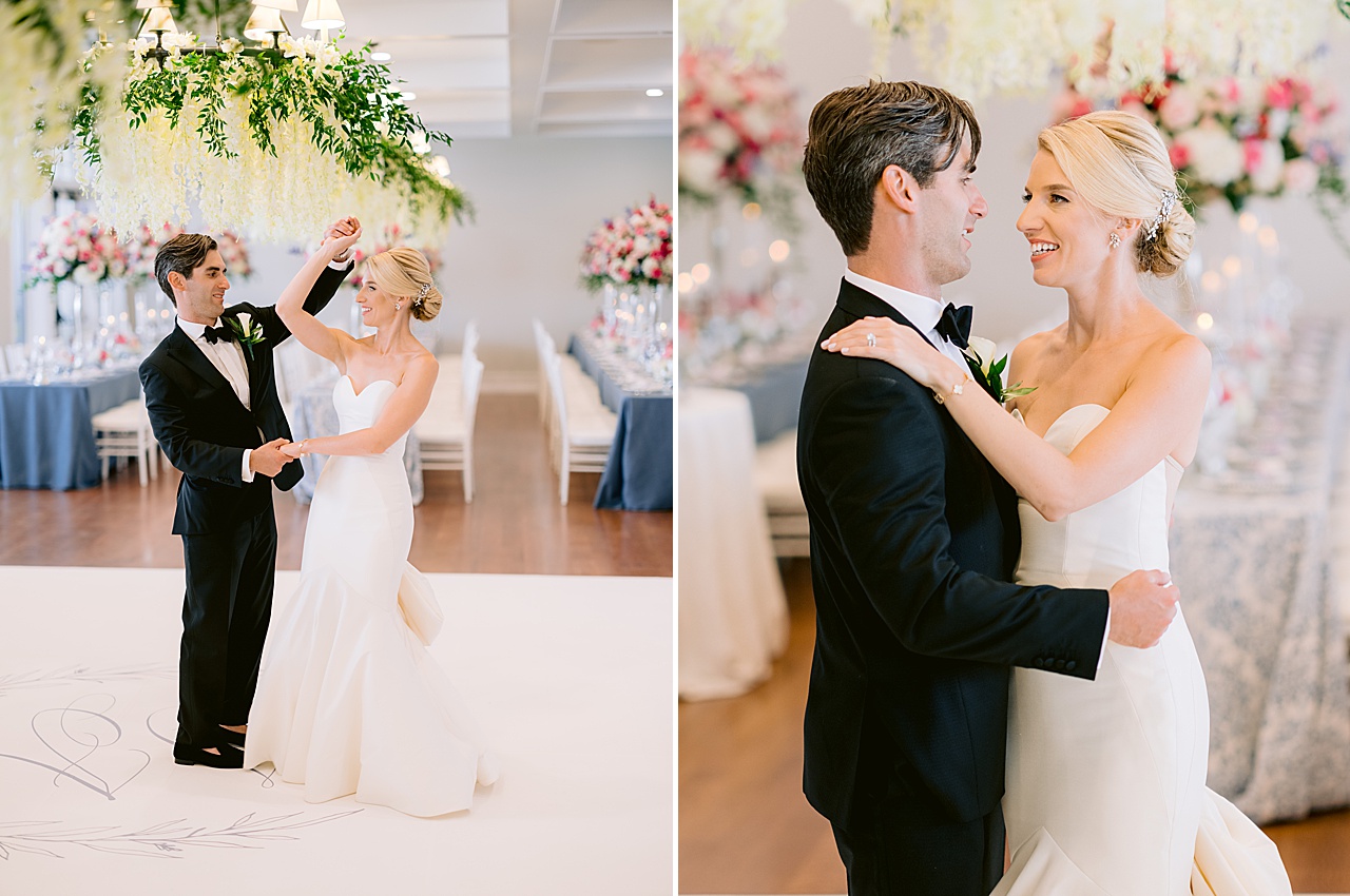 A bride and groom share an intimate dance in an empty reception room