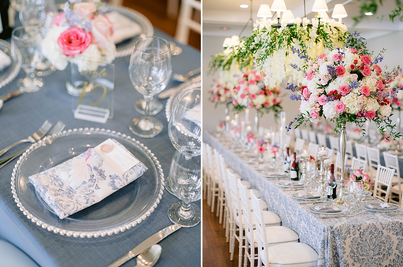 A clear charger on blue linen and a photo of a blue and white white themed reception