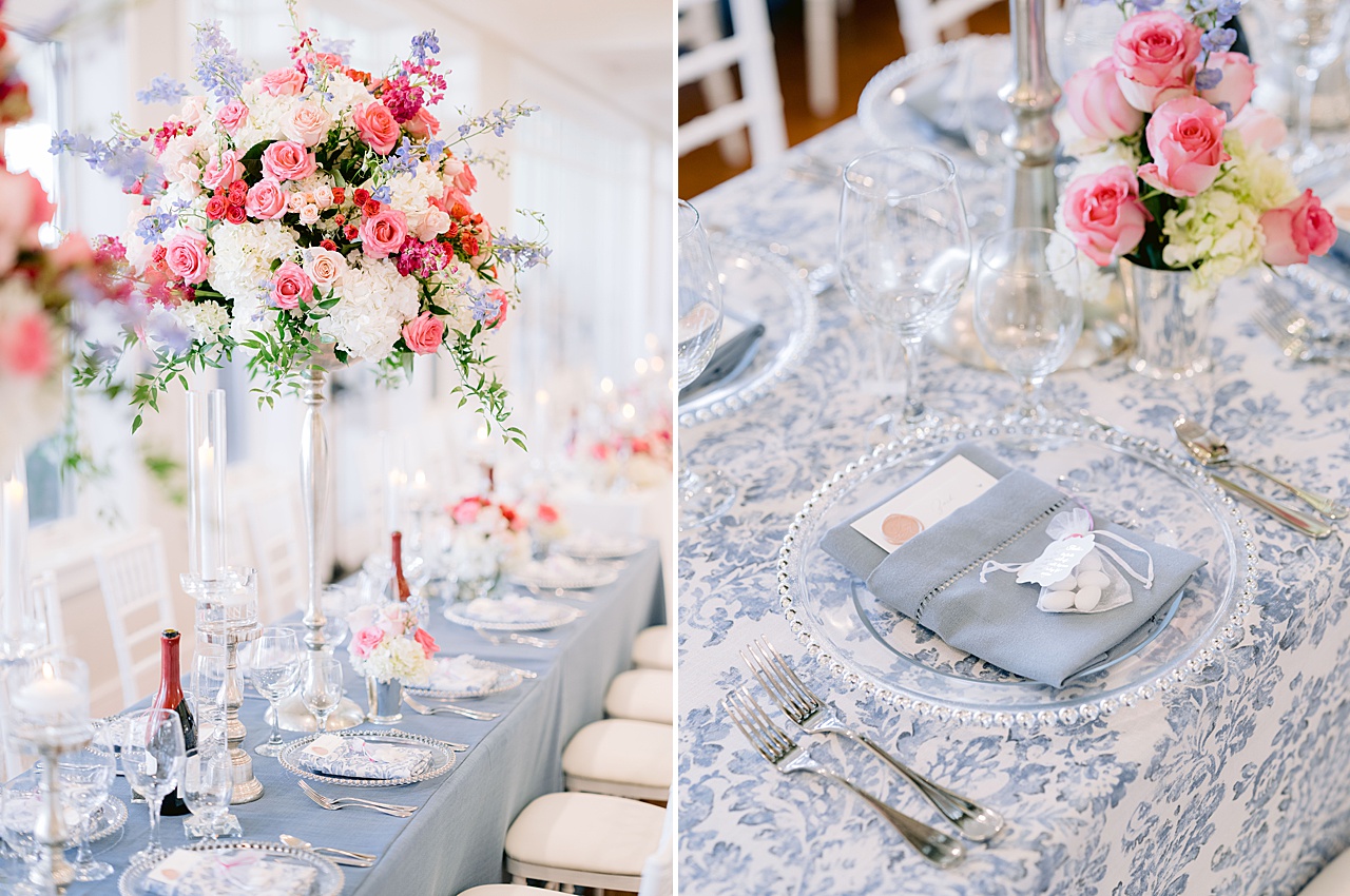 Tall, pink rose floral pieces at a reception in Michigan and blue and white table linens