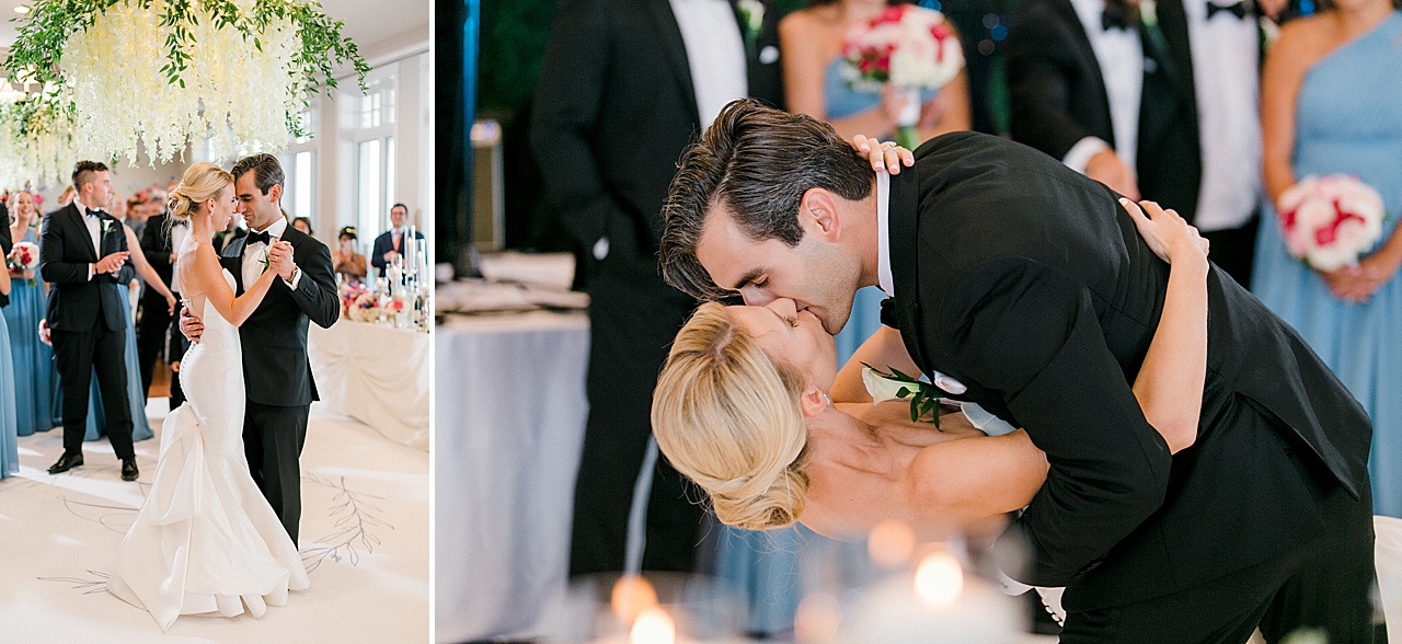 A bride and groom kiss while they share their first dance