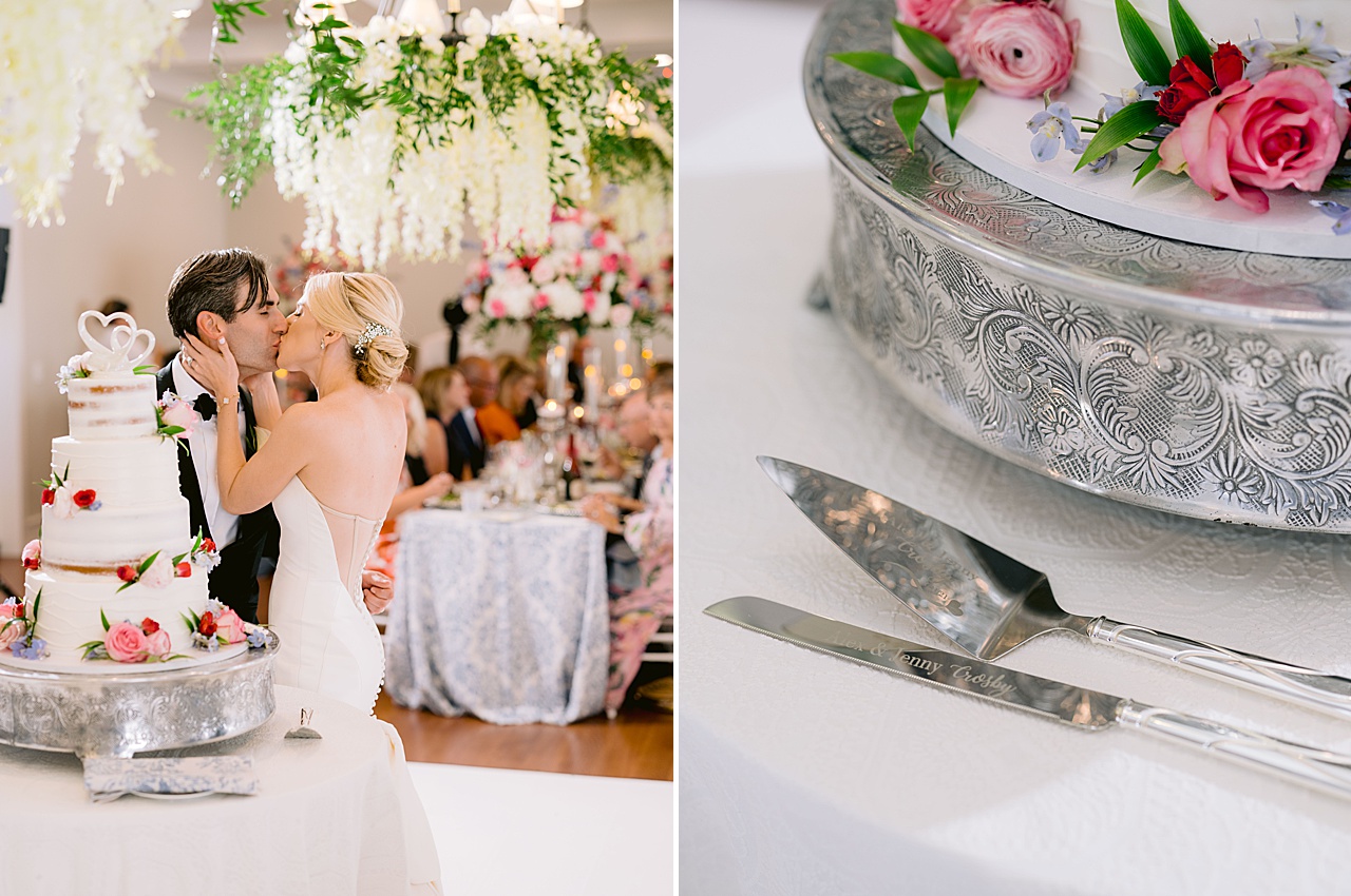 A bride and groom kissing next to their cake and a close up shot of the engraved cake cutter