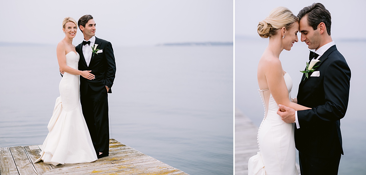 Portraits of a bride and groom embracing on a dock next to a misty Michigan Lake