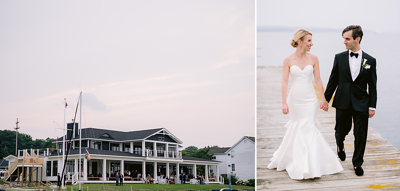 A photo of a black and white building and a bride and groom walking on a dock