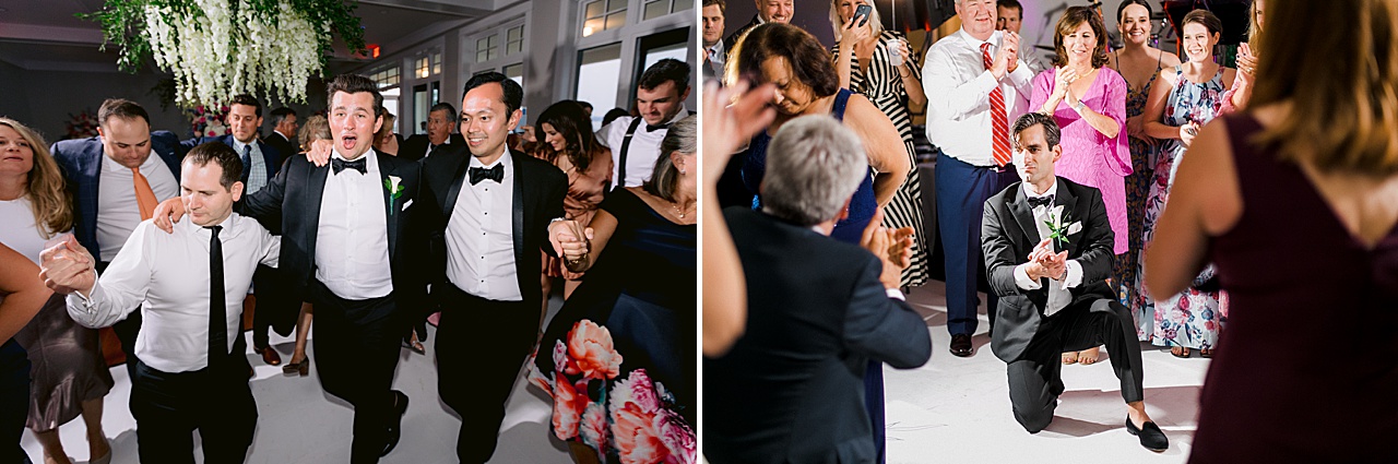 Photos of men in tuxedos dancing at a reception and a groom kneeling on the dance floor