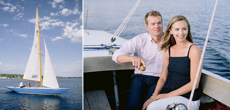 A couple taking engagement portraits on a sailboat in the summer in Northern Michigan