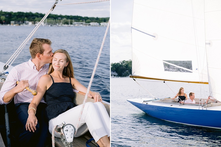 A man kissing his fiancé on the temple on a sunny evening in Harbor Springs