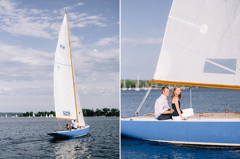 An engaged coupled sailing around Little Traverse Bay in Harbor Springs Michigan