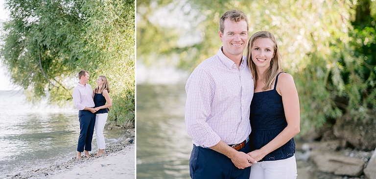 A couple taking portraits on a sandy beach by a willow tree on Lake Michigan