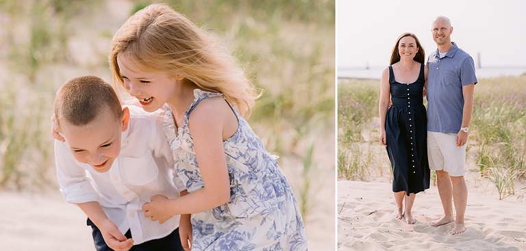 A boy and girl are laughing together and a portrait of a happy couple standing in sand