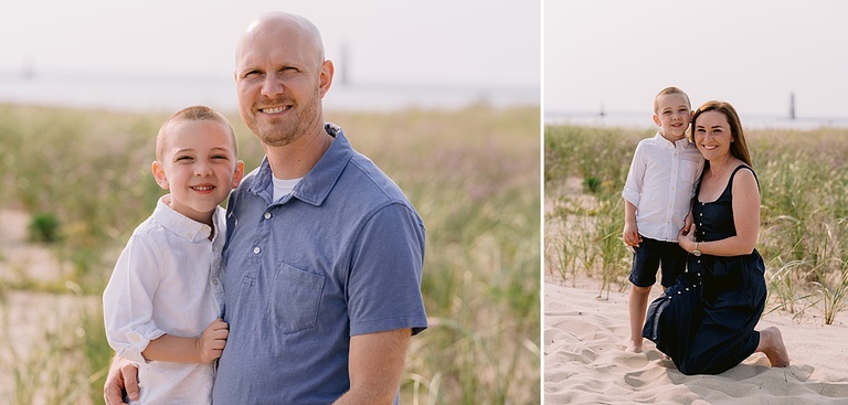 Close-up portrait of a father and son smiling and a mother kneeling with her son at a beach