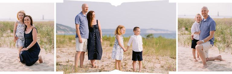 Three photos of a family on a beach in Northern Michigan in various poses