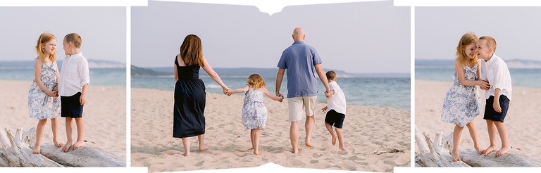Three photos of a family playing together on a beautiful beach in Michigan in the sunshine