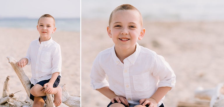 Two portraits of a boy on a sunny beach near Traverse City, Michigan