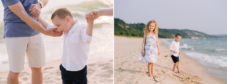 A boy smiling near the water on a beach, and a boy and girl playing next to Lake Michigan