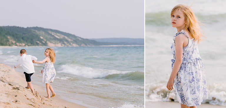 A girl and boy standing in wet sand with Lake Michigan waves in front of them