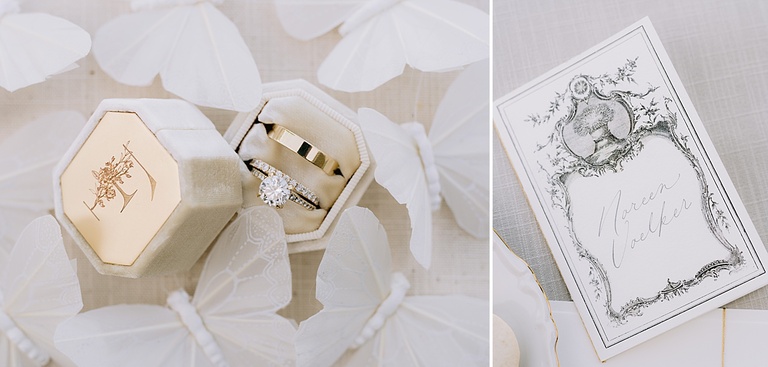 A Mrs ring box with the letter F engraved on the front holding the wedding rings