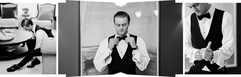 A groom putting on this shoes, tie, and cufflinks