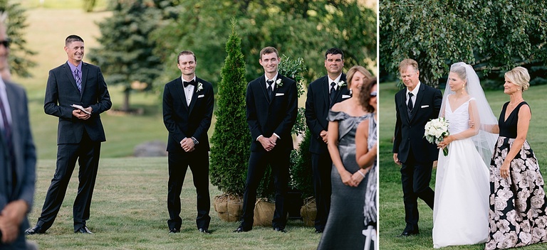 The groom smiling as his bride walks down the aisle towards him