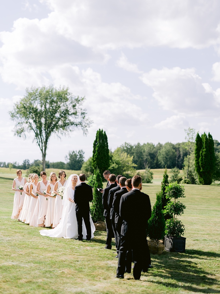 A wedding party lined up during the ceremony on a sunny afternoon in Michigan