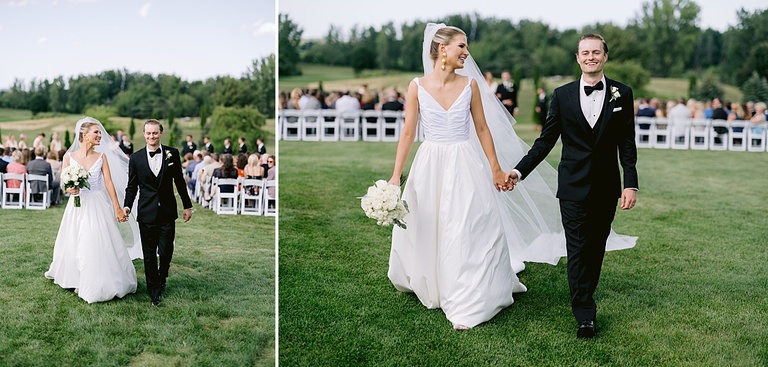 A bride and groom holding hands and walking down the aisle together after exchanging their vows