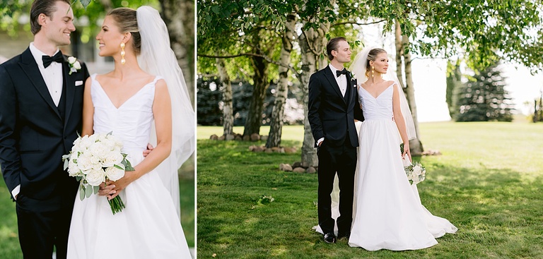 Bride and groom portraits on a country estate with green fields and trees in Ubly, Michigan