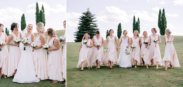 A bride and her bridesmaids walking together and laughing in lower Michigan