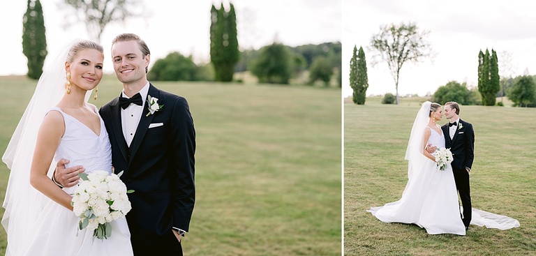 A bride and groom taking portraits on their wedding day