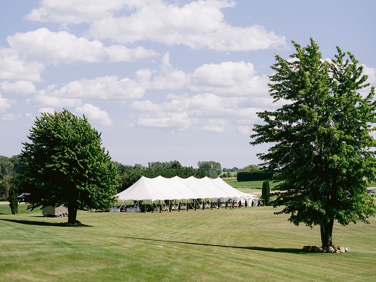 A wedding reception tent on a grassy lawn on a sunny, summer day