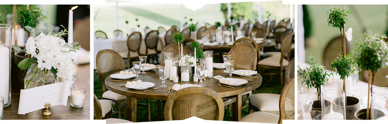 Brown reception tables with white plates and gold silverware at a country estate