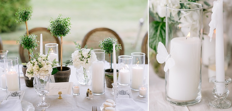 Tented wedding reception with white details on a sunny day in the country in Michigan