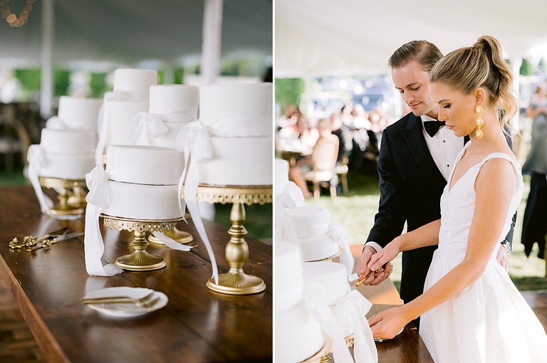 A bride and groom cutting their white wedding cake