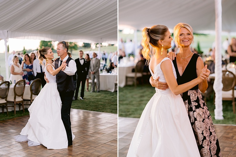 A bride dancing with her mother and father