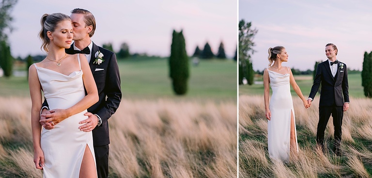 A bride and groom taking sunset portraits in tall grass