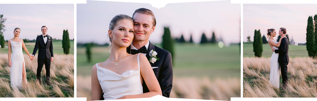 A bride and groom taking portraits at dusk in Ubly, Michigan