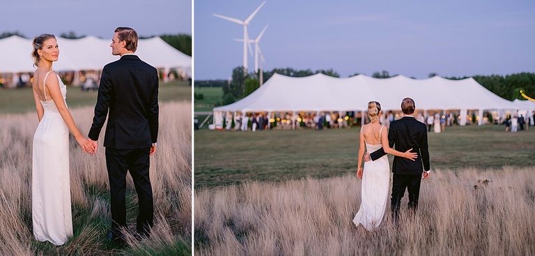 A bride and groom walking back to their wedding reception after taking portraits at a country estate