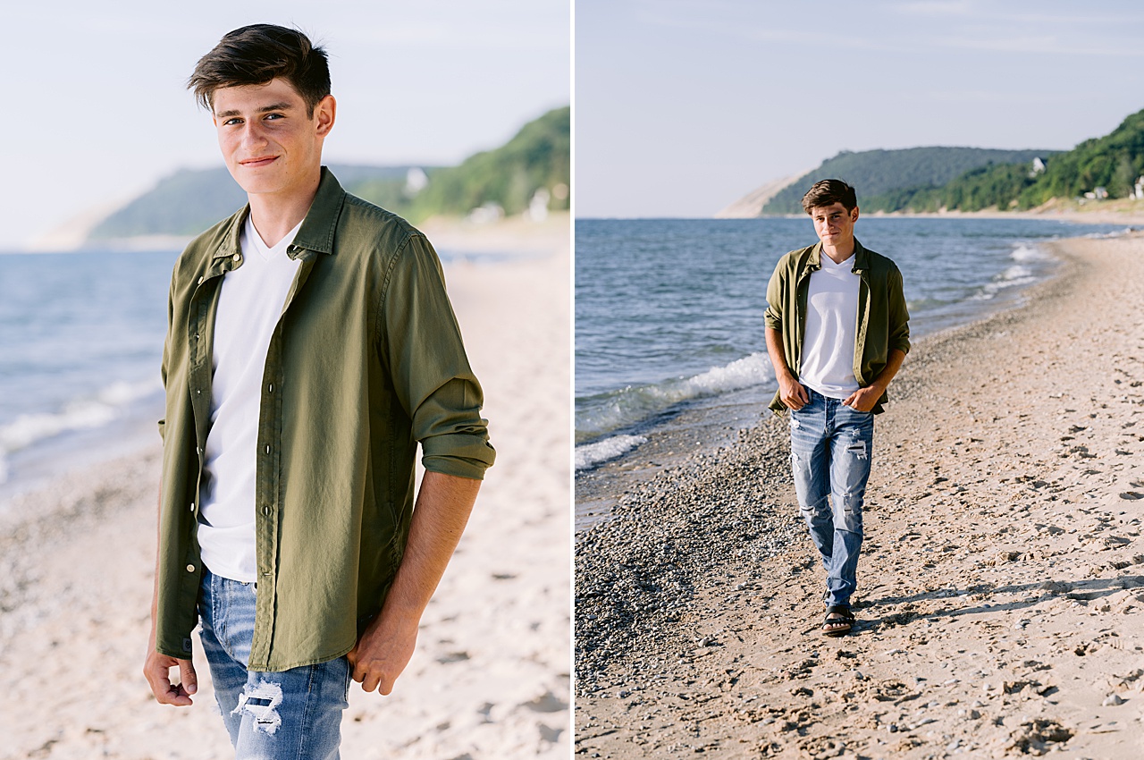 A young high school senior poses for photos on a Michigan beach in the summer