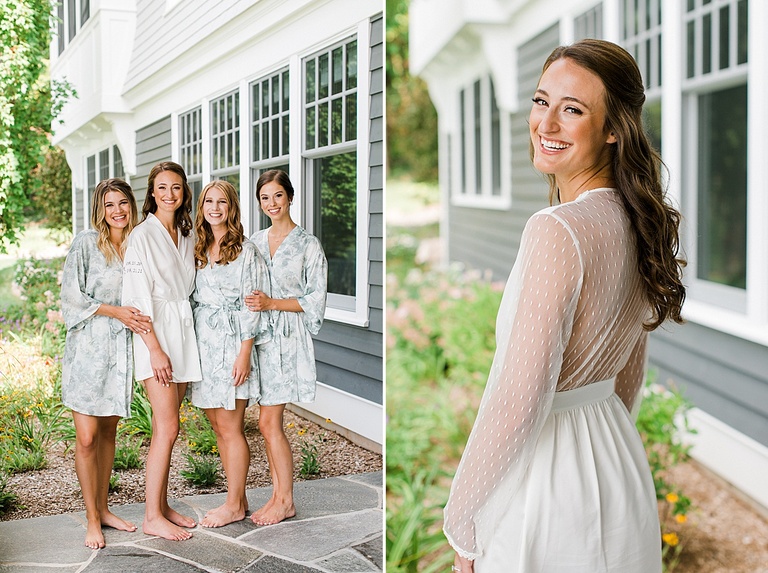 A bride and her 3 best friends taking photos in their robes outside on a sunny day