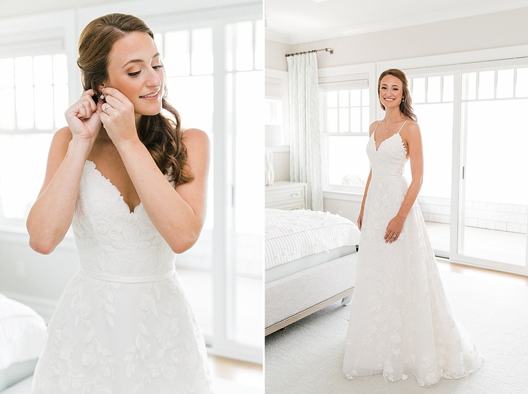 A bride taking portraits in her bedroom on Walloon Lake in her wedding dress