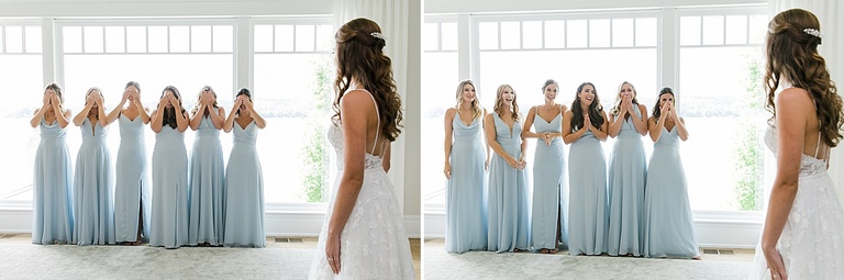 A bride sharing a first look with her bridesmaids on Walloon Lake
