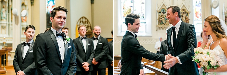 A groom shaking the father of the brides hand at the wedding ceremony